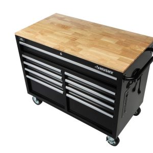 Rubberwood panel top on a mobile workbench