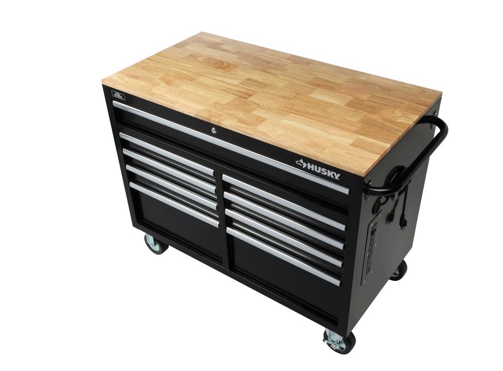 Rubberwood panel top on a mobile workbench